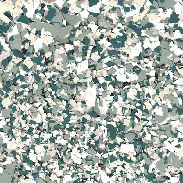 This image shows an abstract pattern of variously shaped teal, white, and grey fragments clustered together, resembling crushed and broken pieces of material.